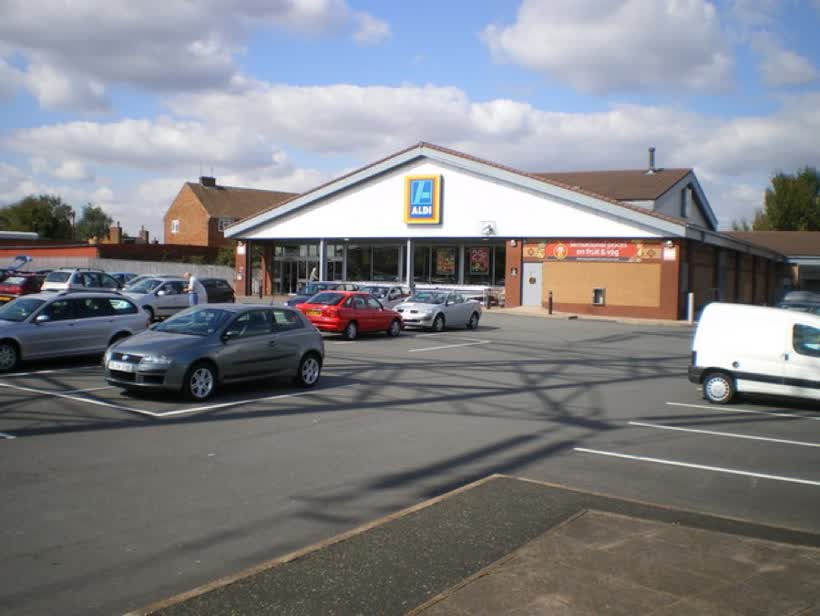 Aldi store - Moxley The shadows on the carpark are those of a high voltage tower, not easy to cut out of this picture., close to the Aldi on Burns Road, Wednesbury