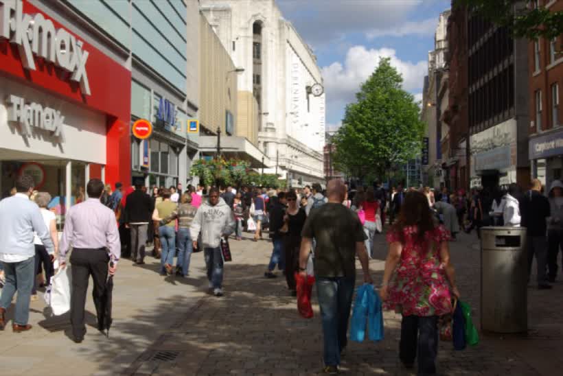 Market Street, Manchester A Saturday afternoon crowd mills along pedestrianised Market Street between the Arndale Centre and Piccadilly Gardens - the heart of Manchester's shopping district., close to the Aldi on Market Street, Manchester