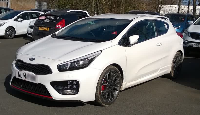 A Kia Pro_Cee'd GT Hatchback parked at Jennings Kia in Washington England., close to the Aldi on Armstrong Road, Washington