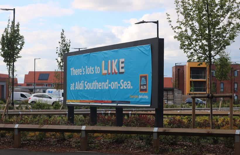 Advertising sign for Aldi Southend-on-Sea, close to the Aldi on Priory Crescent, Southend-on-Sea