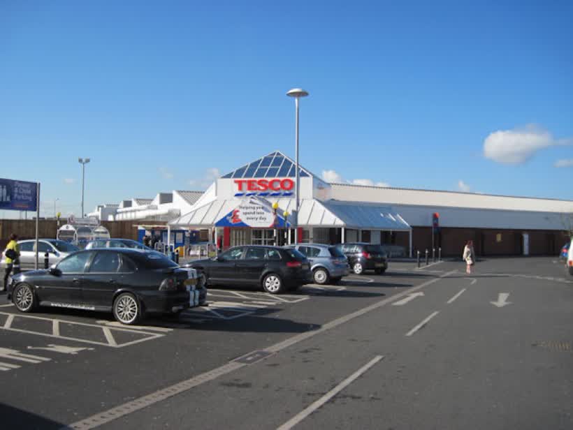 Entrance to Tesco retail store on Greyhound retail park, close to the Aldi on Bumpers Lane, Chester