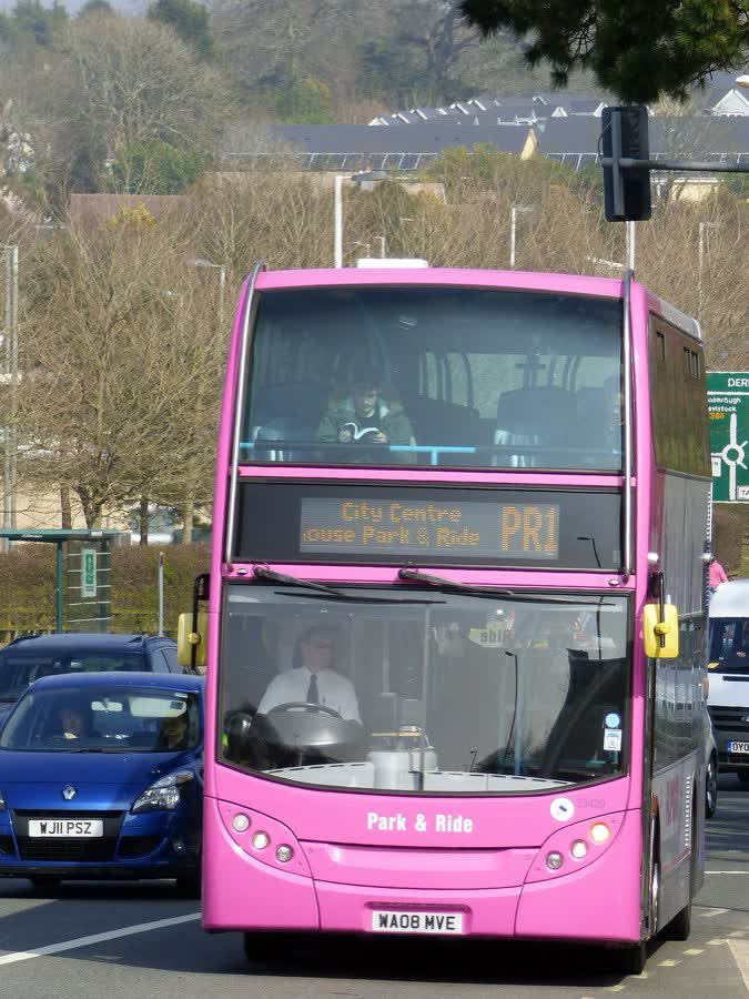 33420 WA08MVE First Devon &amp; Cornwall Ltd Dennis Trident Alexander Enviro 400 H42/26F FG12sp: PLYMOUTH Park &amp; Ride L1000656 20 March 2015 Derriford Plymouth Route-PR1, close to the Aldi on Bravo Way, Plymouth